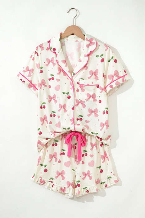 Beige Bow Fruit Print Contrast Pipping Short Pajamas Set