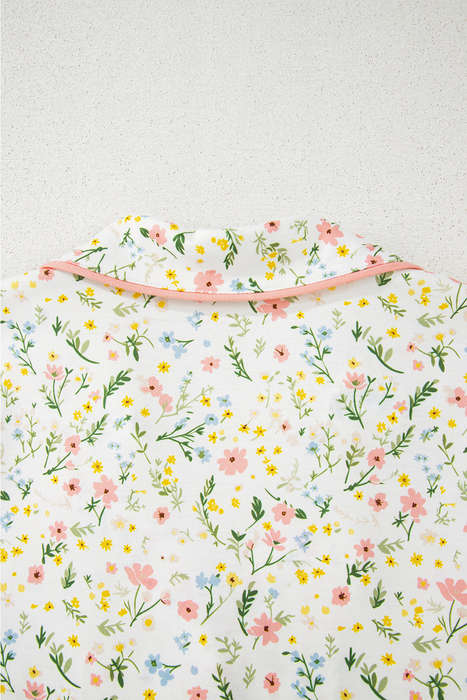 White Floral Print Contrast Pipping Short Pajamas Set