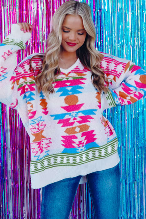 White Oversize Aztec Print High Low V Neck Sweater