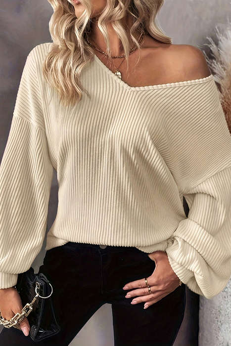 White Knot Back Drop Shoulder Ribbed Long Sleeve Blouse