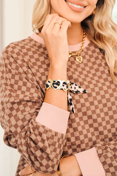 Camel Leopard Ribbon Twine Around Gold Plated Heart Bracelet