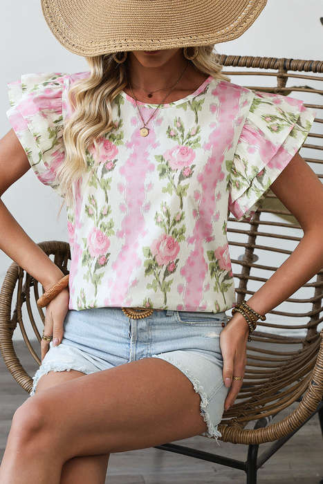 Pink Floral Print Ruffled Sleeve Summer Top