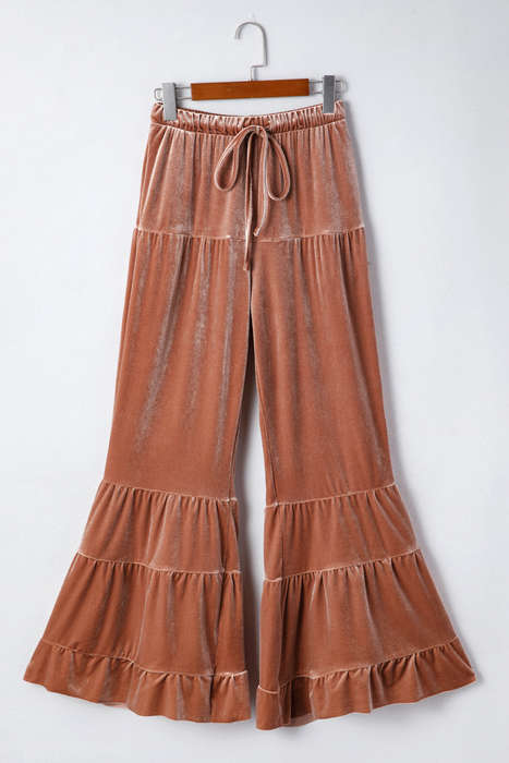 Straw Yellow Mineral Wash Lace-up High Waist Tiered Bell Bottom Pants