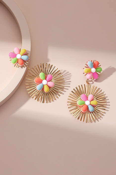 Red Colorful Flower Gold-pleated Dangle Earrings