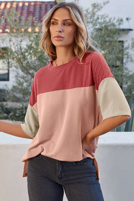 Rose Pink Color Block Ribbed Side Slits Half Sleeve Top