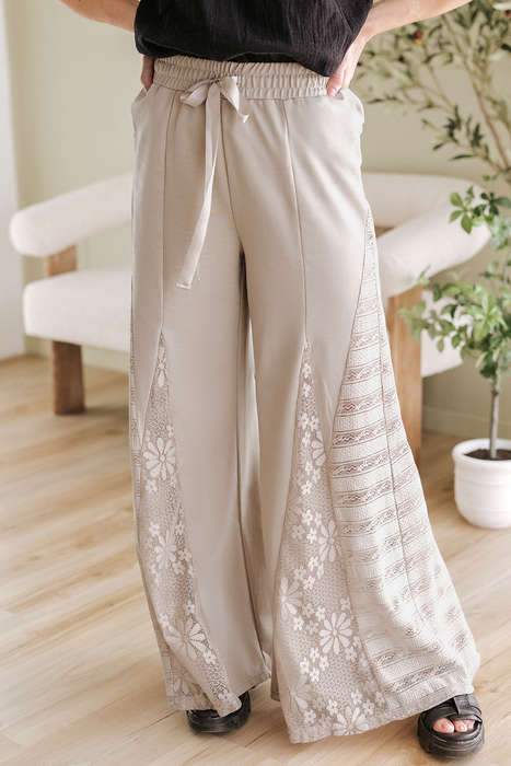 Smoke Gray Boho Lace Patchwork Wide Leg High Waist Pants