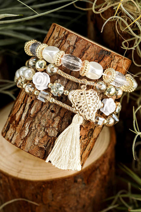 White Bohemian Rhinestone Beaded Fringed Layered Bracelet