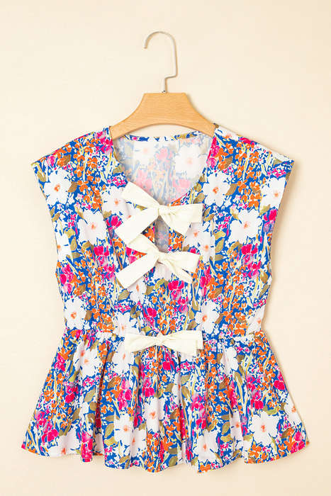 Rose Green Floral Print Bow Applique Slit Sleeveless Peplum Blouse