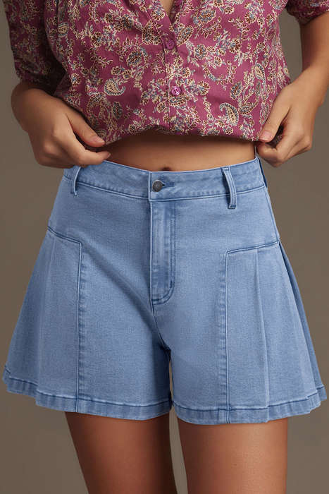 Dusk Blue Pleated Patchwork Wide Leg Lightweight Denim Shorts