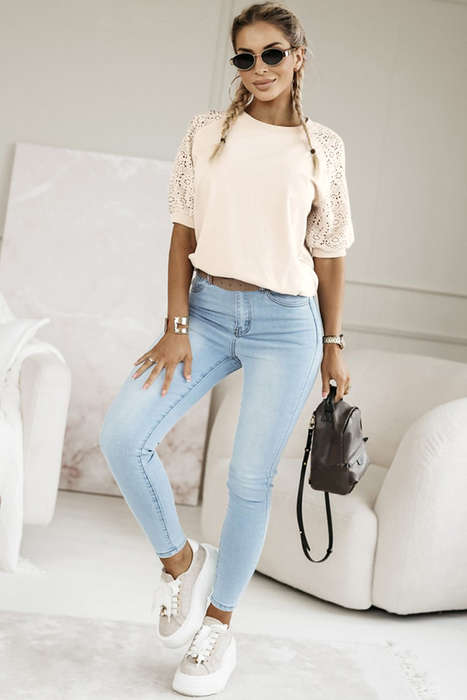 Jet Stream Lace Crochet Short Sleeve Round Neck T Shirt