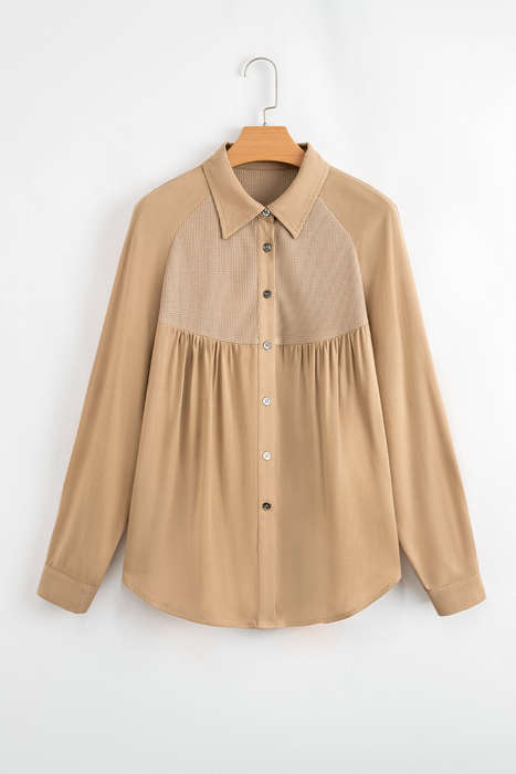 Light French Beige Waffle Patchwork Button Up Frayed Hem Shirt