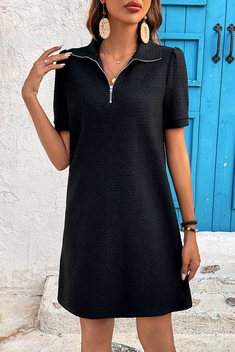 Black Textured Zipped Collar Shift Polo T Shirt Dress