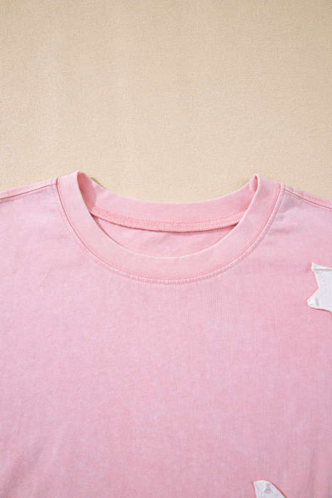 Light Pink Acid Wash Star Patched Rolled Trim Pants Set
