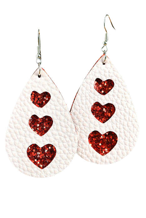 White Valentines Heart Print Pu Leather Teardrop Dangle Earrings
