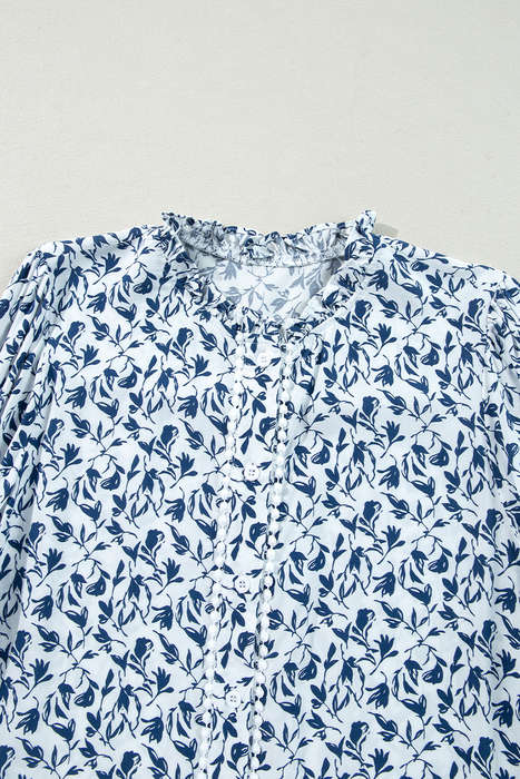 Blue Printed Lace Detail Floral Puff Sleeve Fall Shirt