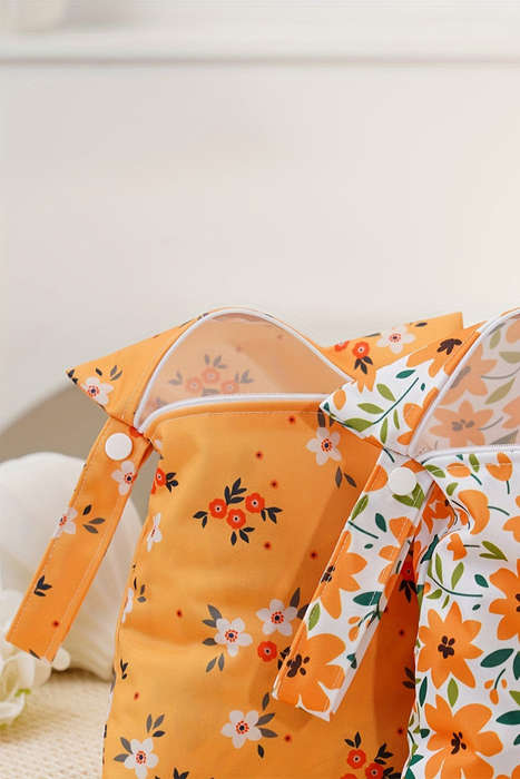 Russet Orange 2pcs Floral Print Zip Canvas Bag