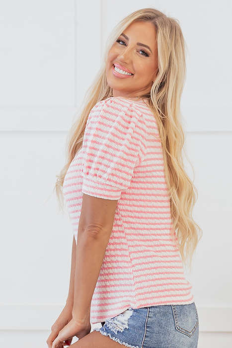 Pink Stripe Textured Puff Sleeve Crewneck Top
