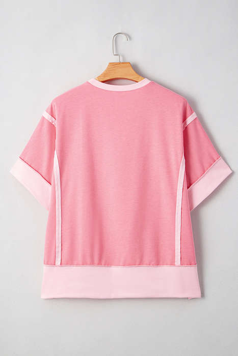 Peach Blossom Two Tones Patchwork Half Sleeve Plus Size T Shirt