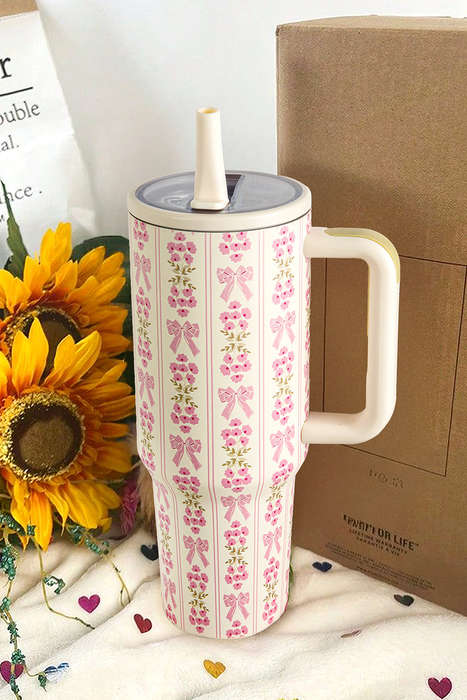White Sweet Bow Flower Print Straw Insert Tumbler Cup 40oz