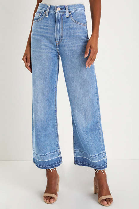 Dusk Blue Raw Hem Straight Leg Loose High Waist Jeans