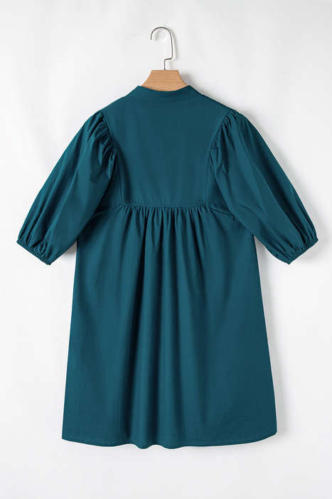 Blue Sapphire Colorblock Split V Neck Puff Sleeve Mini Dress
