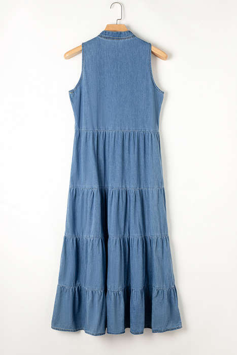 Blue Sleeveless Tiered Chambray Maxi Dress