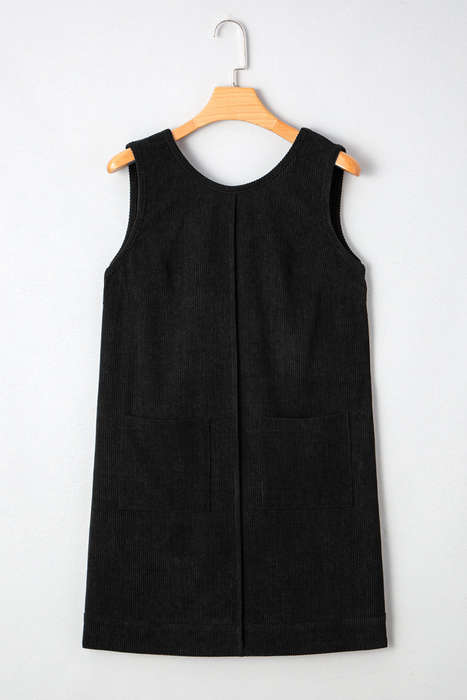 Black Corduroy Sleeveless Mini Dress With Patched Pockets