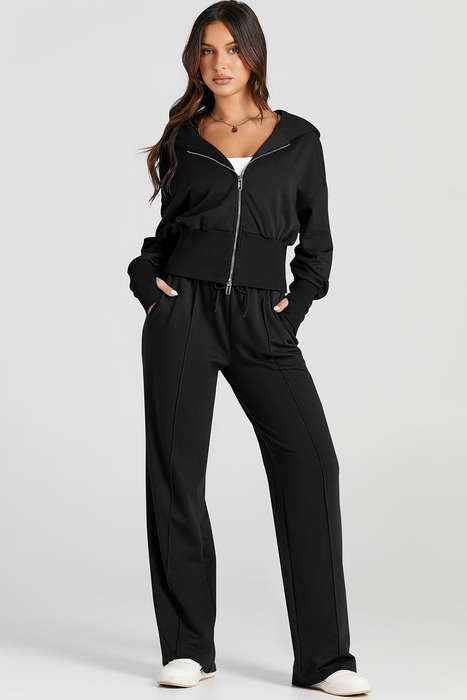 Black Double Zipper Hooded Jacket and Sweatpants Active Set