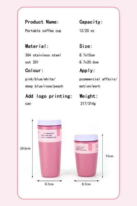 Pitaya Pink 12/20 OZ Stainless Steel Vacuum Portable Coffee Cup 1pc Per Pack