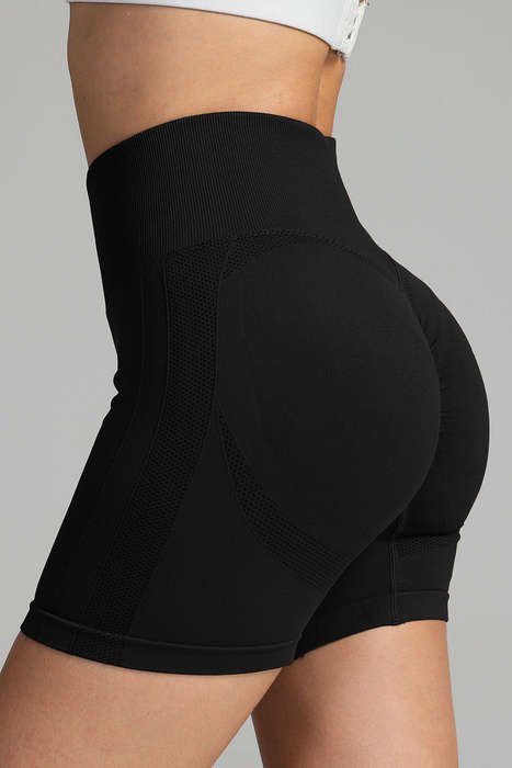 Black Solid Color High Waist Skinny Active Shorts