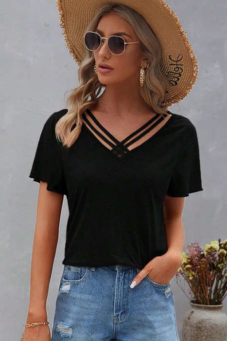 Black Crisscross V Neck Butterfly Sleeve T Shirt