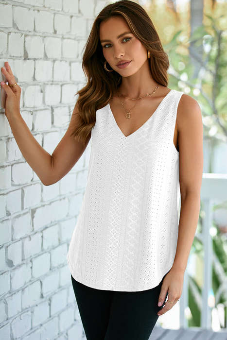White Eyelet Knit Patterned Loose V Neck Tank Top