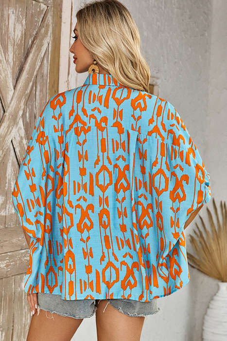 Sky Blue Abstract Print Dolman Short Sleeve Western Loose Shirt