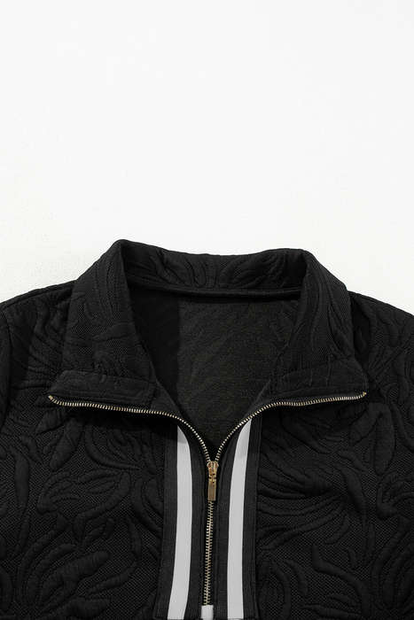 Black Jacquard Textured Quarter Zipper Shift Mini Dress