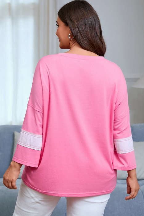 Pink Star Patched Colorblock Raw Edge Bracelet Sleeve Plus Size Loose Tee
