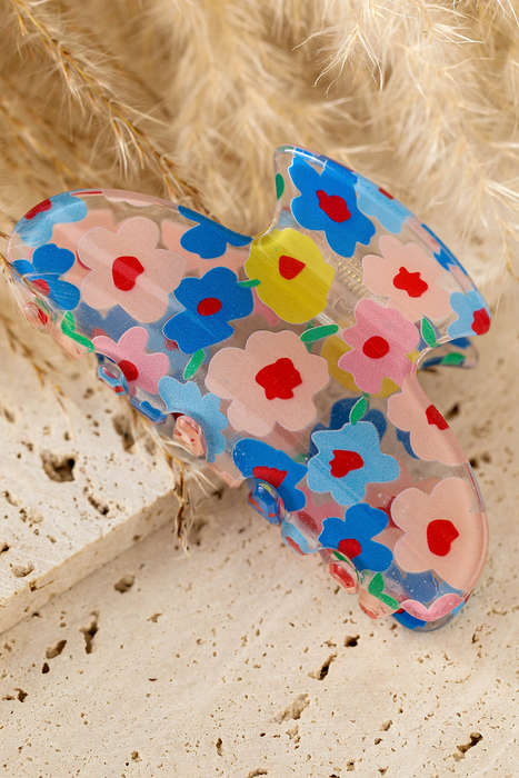 Light Blue Vibrant Flower Print Transparent PVC Hair Clip