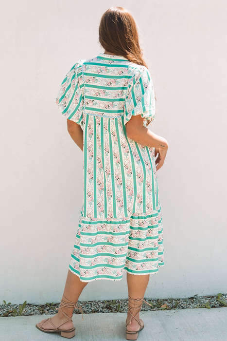 Multicolour Striped Floral Print Tie Split Neck Puff Sleeve Midi Dress