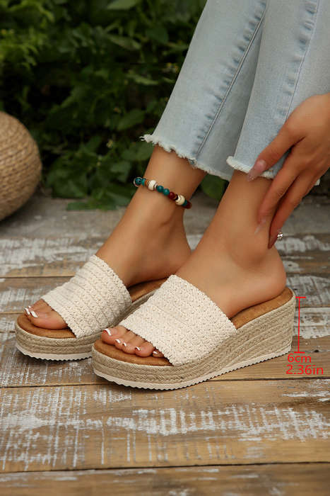 White Woven Wide Band Platform Slippers