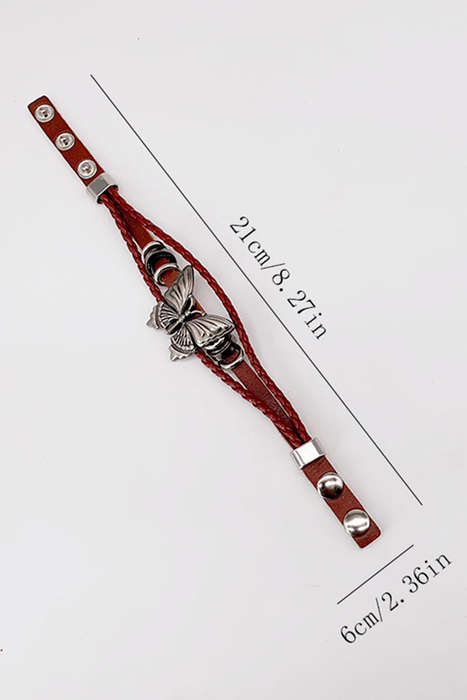 Mineral Red Retro Butterfly Decor Exotic Faux Leather Braided Snap Button Bracelet