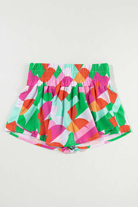 Green Abstract Print Smock Waist Casual Shorts
