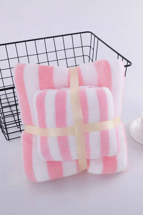 Pink Striped Plush Bath Towel Set