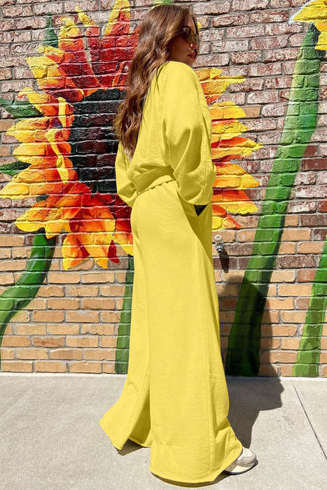 Yellow Cream Drop Shoulder Puff Sleeve Crop Pullover Drawstring Wide Leg Pants Set