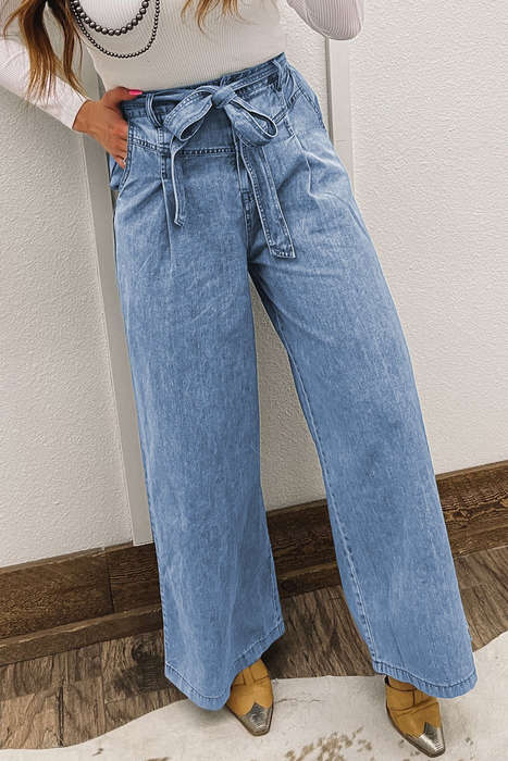 Beau Blue Western Washed Bow Knot Sash Wide Leg Jeans
