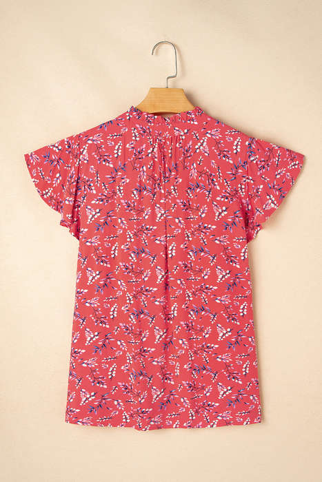 Red Floral Tie Split Neck Short Flounce Sleeve Crinkled Blouse