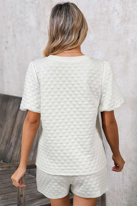 White Solid Color Checkered Texture Short 2pcs Outfit