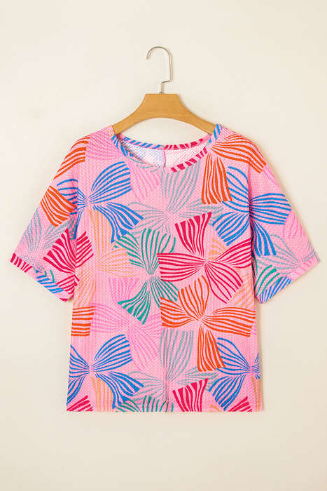Pink Bowknot Printed Waffle Crewneck Loose Short Sleeve Top