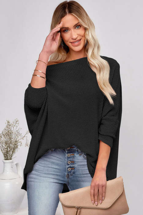 Black Waffle Knit Eyelet Long Sleeve Blouse