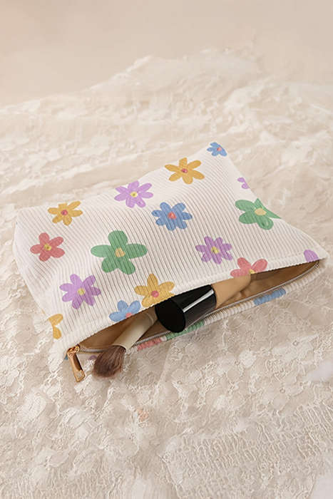 White Flower Print Rib Textured Large Cosmetic Bag