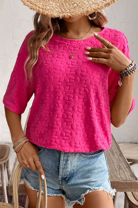 Rose Red Daisy Flower Jacquard Half Sleeve T Shirt