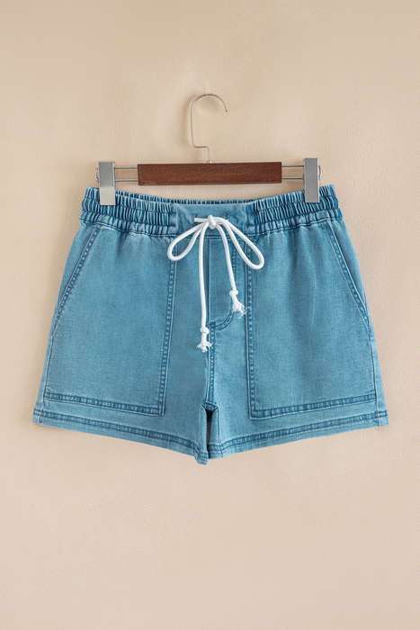 Beau Blue Contrast Drawstring Elastic Waistband Denim Shorts